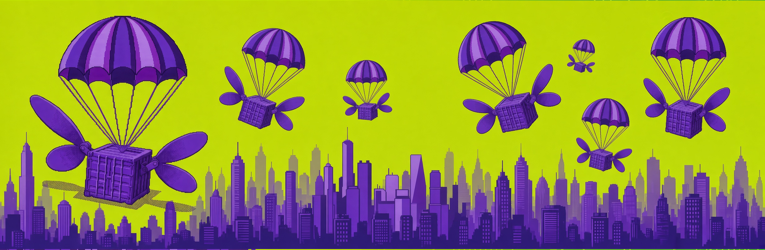 Illustration of FlapDrop parachute crates flying over a city skyline